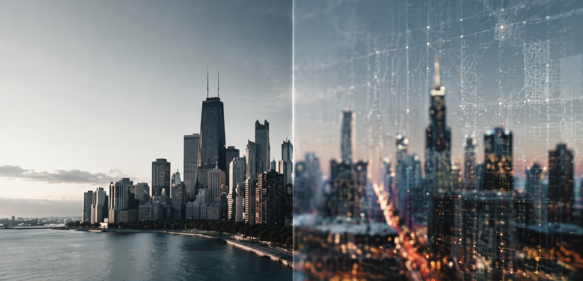 City Perception as Infrastructure in Urban Strategy Modern city with split perception showing structured urban development and fragmented narrative layers representing how cities manage perception as infrastructure