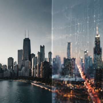 Modern city with split perception showing structured urban development and fragmented narrative layers representing how cities manage perception as infrastructure