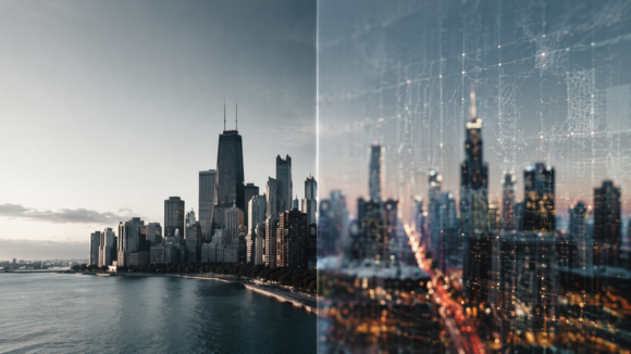 Modern city with split perception showing structured urban development and fragmented narrative layers representing how cities manage perception as infrastructure