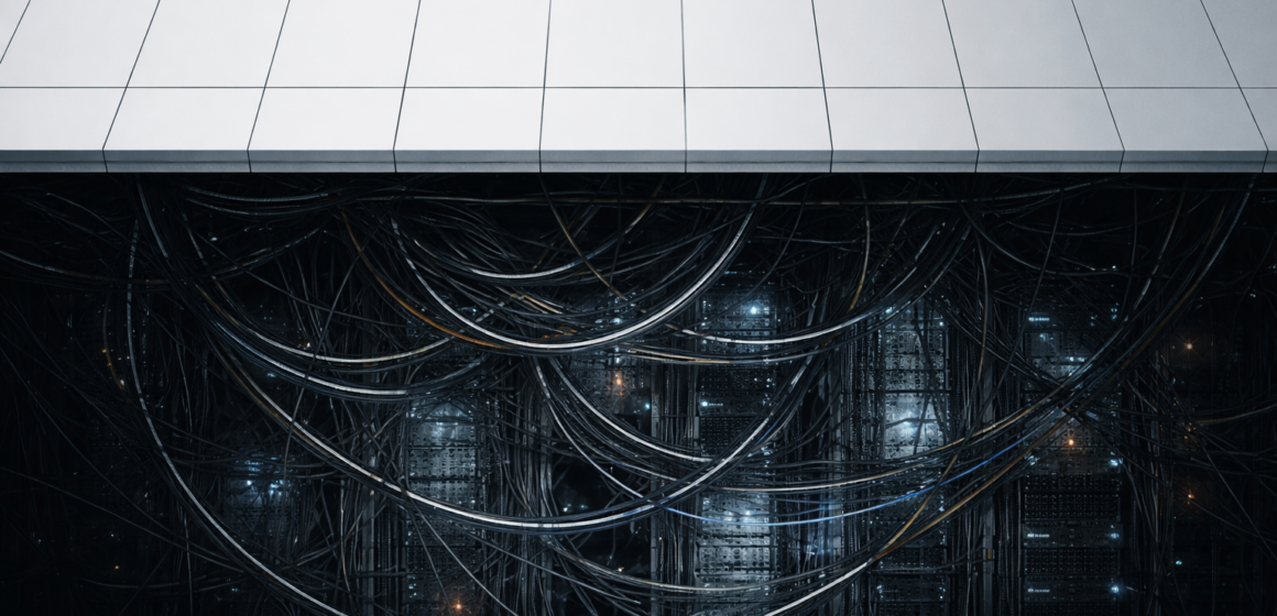 When interoperability creates internal complexity Minimal structured surface above a dense network of cables, representing how healthcare interoperability platforms reduce external complexity while increasing internal system strain.