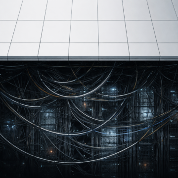 When interoperability creates internal complexity Minimal structured surface above a dense network of cables, representing how healthcare interoperability platforms reduce external complexity while increasing internal system strain.