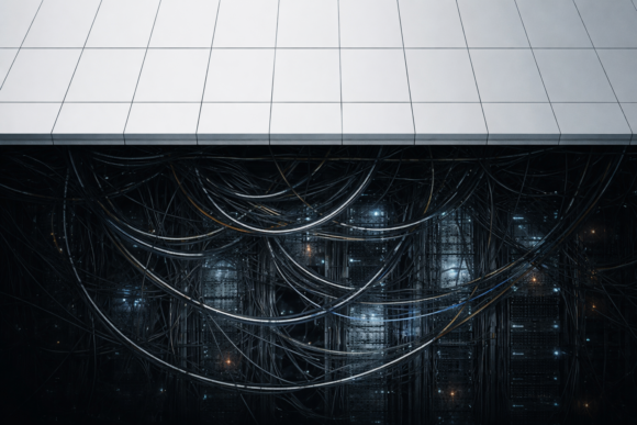 Minimal structured surface above a dense network of cables, representing how healthcare interoperability platforms reduce external complexity while increasing internal system strain.